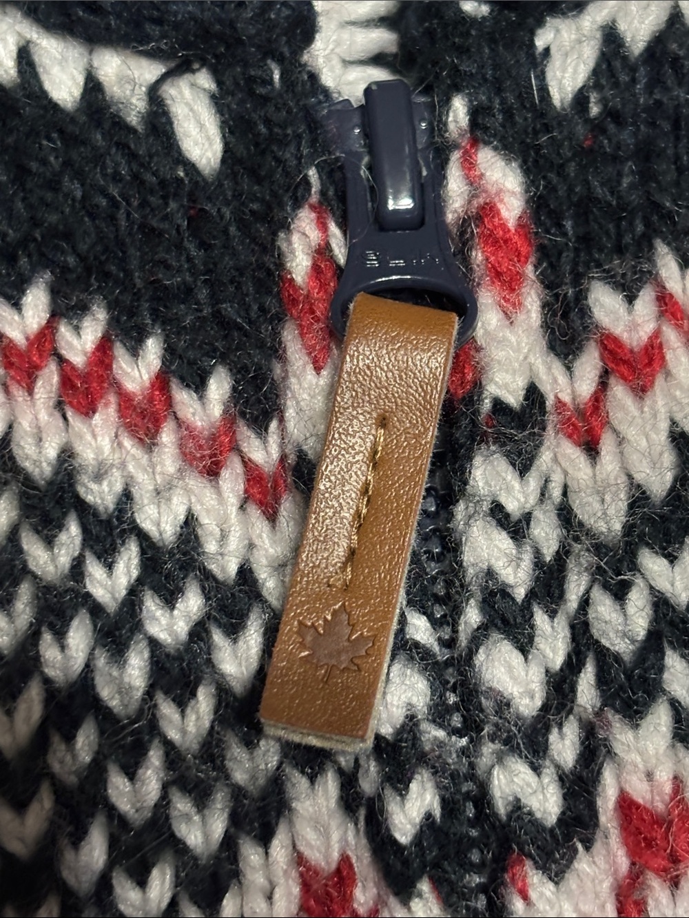 Shawl-Collar Zip Sweater with Red Moose Motif - Navy - Picture 3 of 8